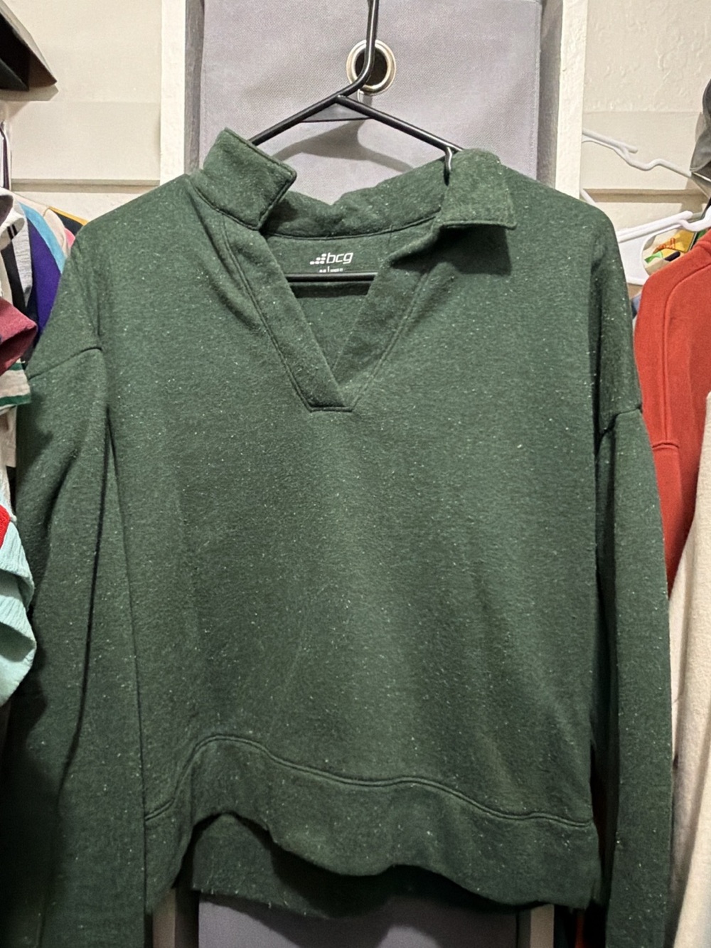 bcg Women's Dark Green V-Neck Collared Pullover Sweatshirt